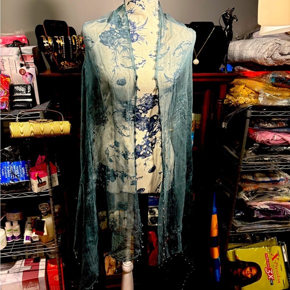 Beaded & Stoned Blue Scarf Wrap Bead Detailing Rhinestone - Picture 4 of 7